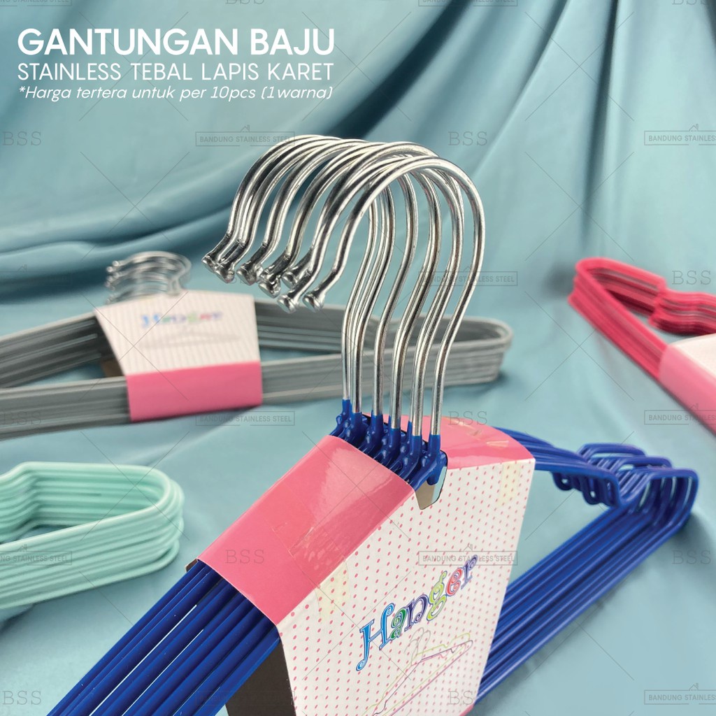 10pcs Hanger Gantungan Baju Pakaian Stainless Tebal 3mm Karet Warna Kait Kawat