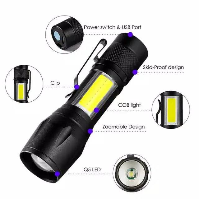 Senter mini XPE+COB led Q5 zoom usb charger - 3 Working modes on lamp