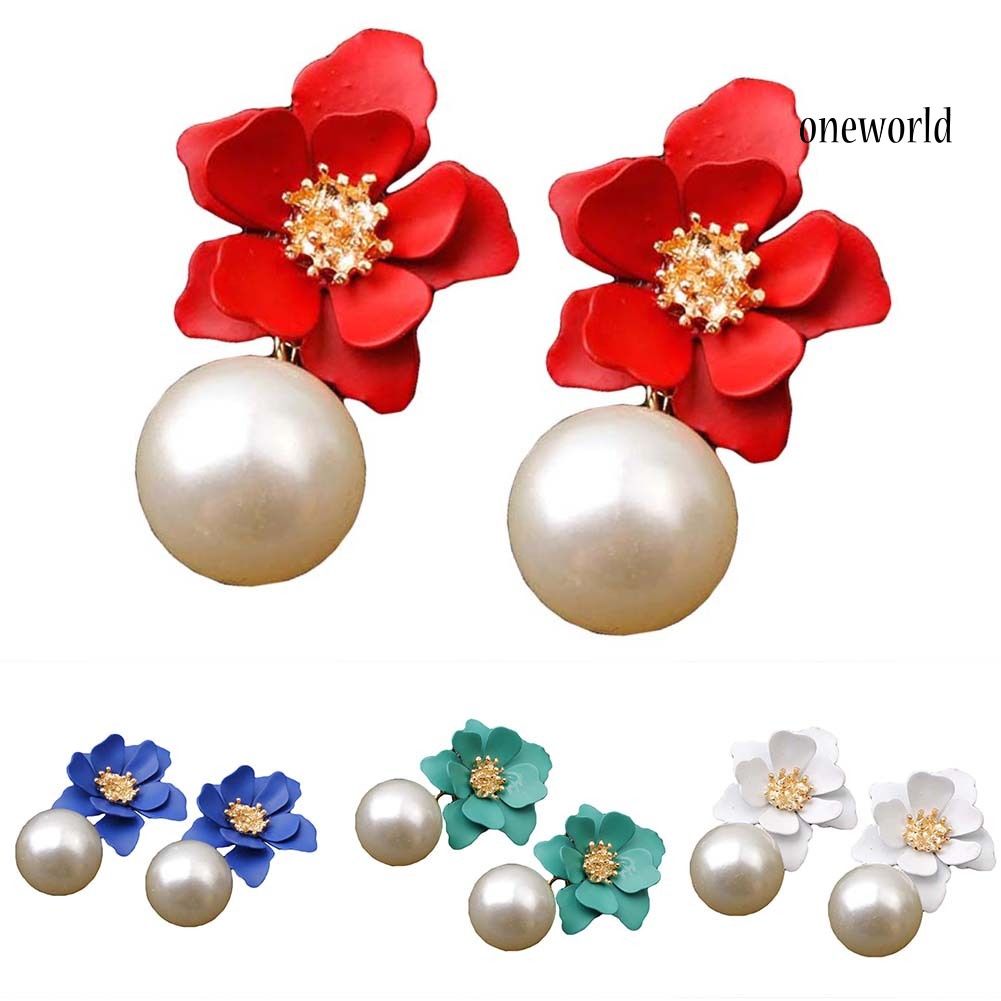 OW@ Sweet Women Faux Pearl Dangle Resin Flower Stud Earrings Summer Jewelry Gift