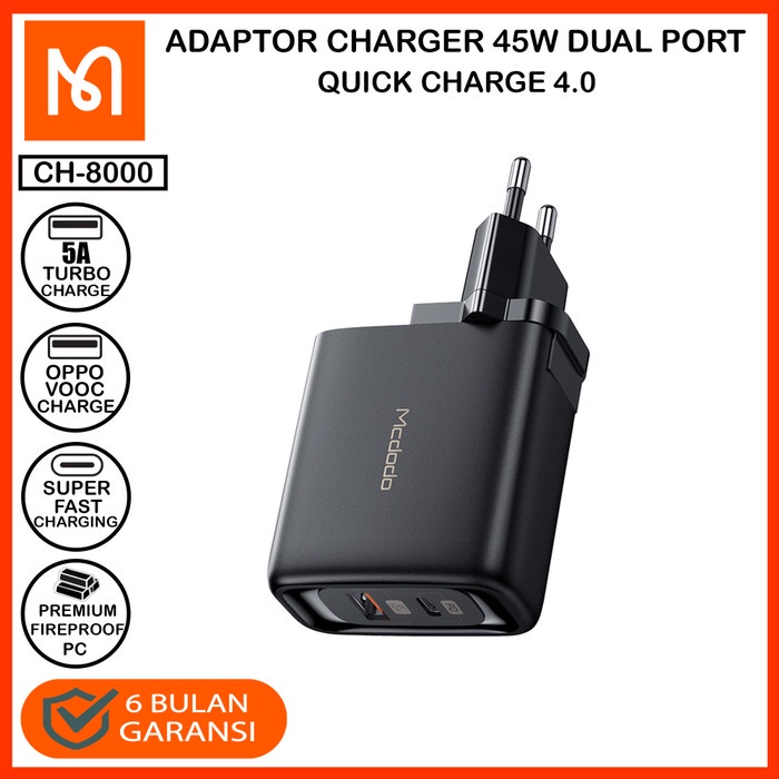 MCDODO CH-8000 ADAPTOR CHARGER DUAL PORT USB A + TYPE C QC 4.0 45W