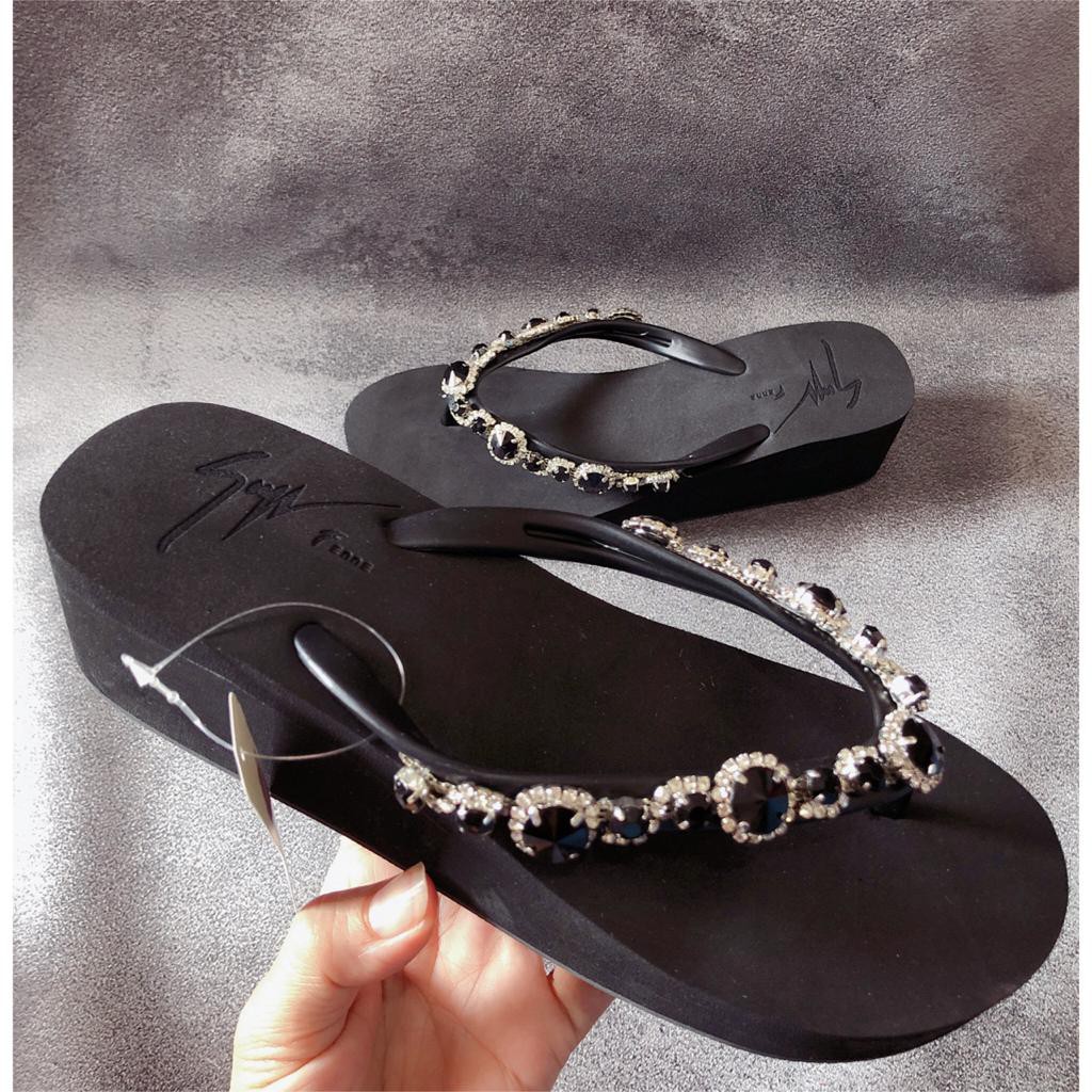 Fanna Swarovski Wedges Tinggi 5 Cm Sandal Wanita Sendal Manik Mote Jepit Platform Hak