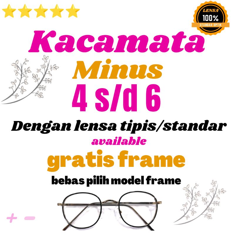 COD kacamata minus 4 s/d 6 dengan lensa standar optik hi index 1.67, ukuran minus silahkan pilih