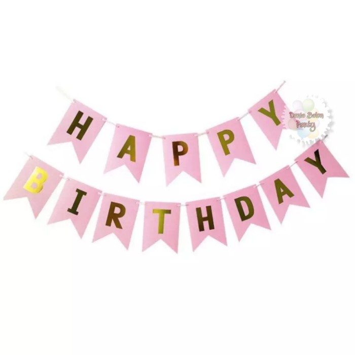 Banner Happy Birthday / Bunting Flag Ulang Tahun Pink Tulisan Gold