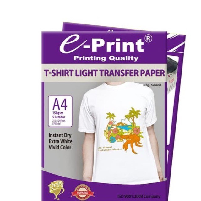 

Kertas Sablon E-print T-shirt Light Transfer Paper A4 150 gsm Putih per pack