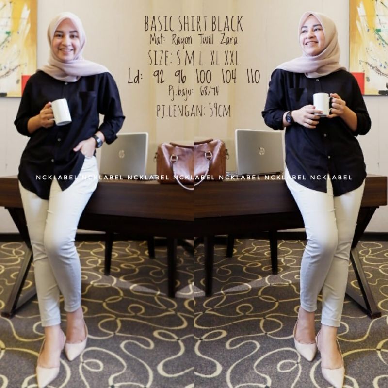 BASIC SHIRT BY NCK LABEL KEMEJA WANITA RAYON TWILL ZARA READY BLACK DUSTY SIZE S