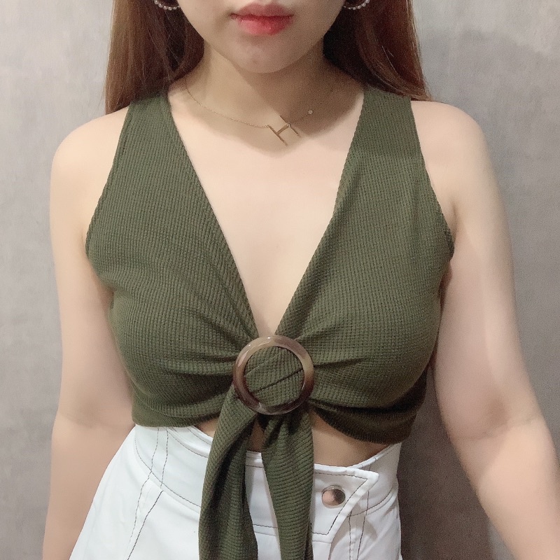 O Ring Crop Top | Atasan Wanita Sexy Vneck Korean Fashion | Maimon Grosir