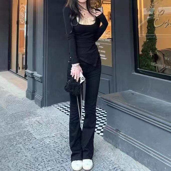 [✅BISA COD] #Sisjuly# Kemeja lipit penutup daging chiffon bow stitching T-shirt hem slit top women