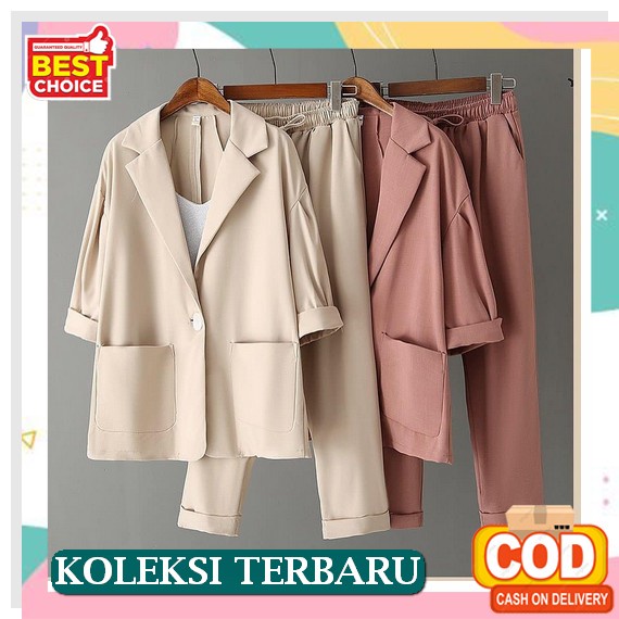 Os342 - Pim Tweed Set Premium Motif Kancing Heart (Blazer & Pants) / One Set Premium Ala Wanita Kore
