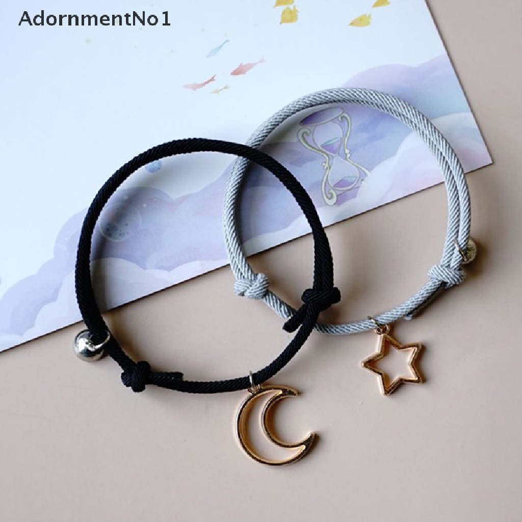 (AdornmentNo1) 2pcs / Set Gelang Tangan Pasangan / Pria / Wanita Magnetik Motif Bulan + Bintang Handmade