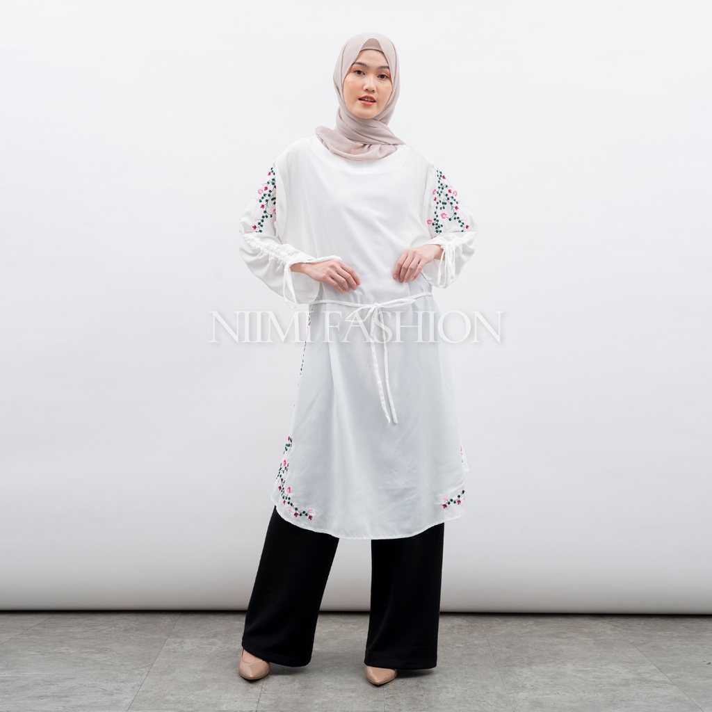 NIMI - Nadine Blouse Putih Midi Dres Putih Bordir Premium Atasan Long Tunik Putih Jumbo Bordir