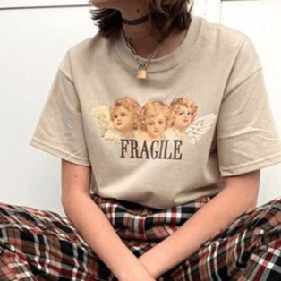 Fragile T-shirt | Kaos T-shirt Longgar Lengan Pendek Versi Aesthetic Motif Print Untuk Musim Panas