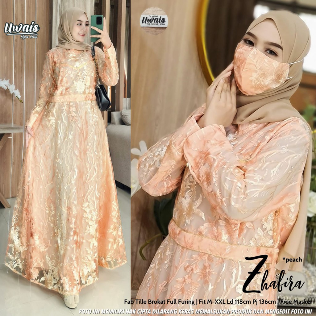 Zhafira Gamis Tile Brokat Full Furing by Uwais | Free Masker