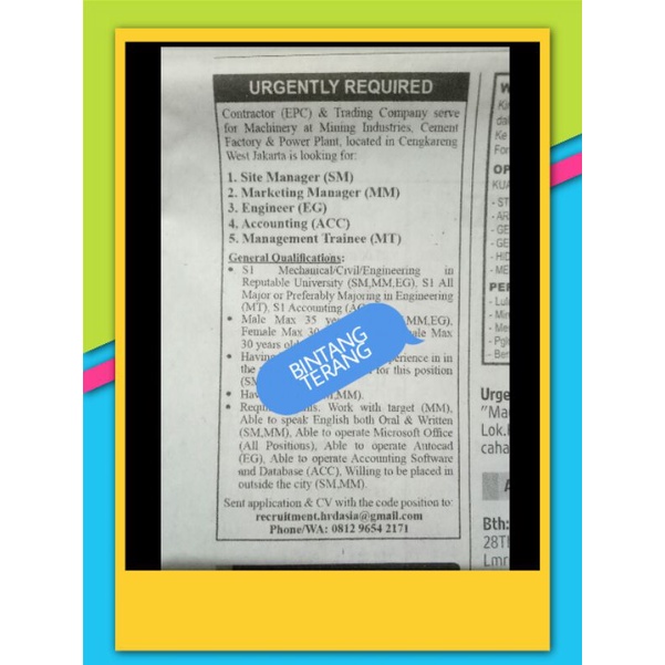 (1 IKLAN VACANCY) Koran Bekas HARGA 1 IKLAN Untuk Kliping Lowongan Kerja Bahasa Inggris