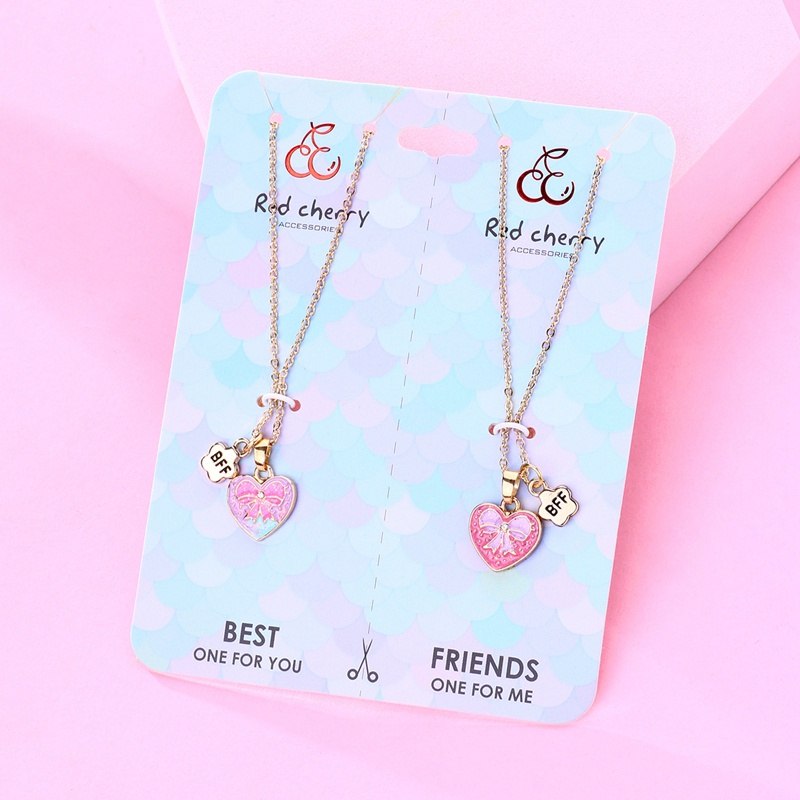 2pcs / Set Kalung Rantai Dengan Liontin Butterfly Hati Warna Pink Biru Untuk Hadiah Persahabatan