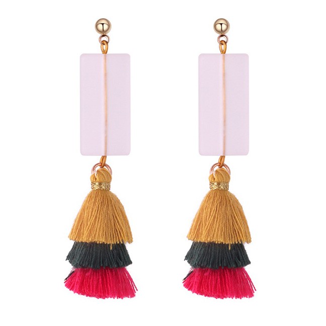 LRC Anting Tusuk Fashion Square Shape Decorated Tassel Earrings