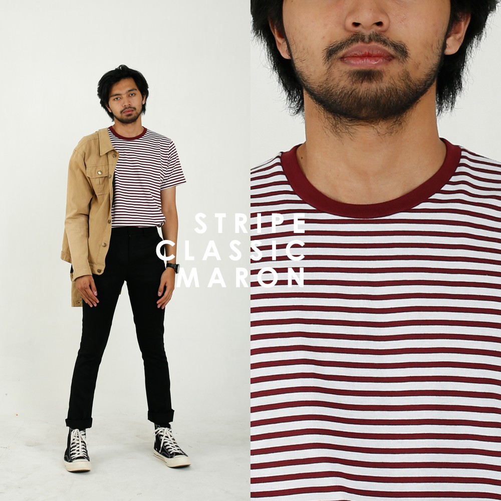 Kaos Stripe Pria Classic Maroon Cotton Combed 30s - Kaos Garis Garis Unisex Pria Wanita