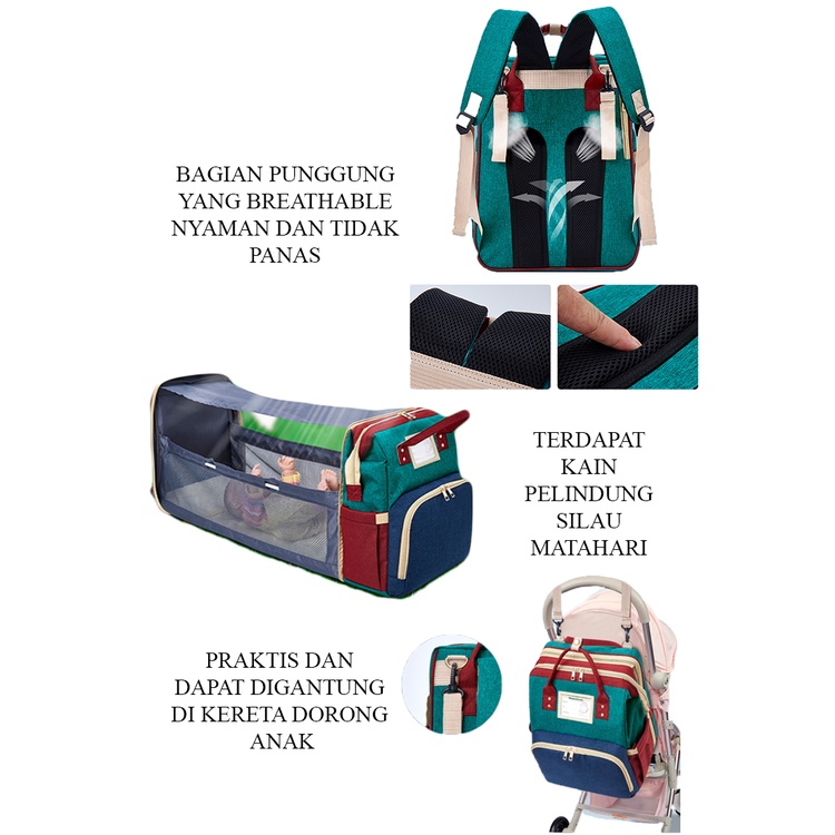 Babyland Tas Bayi Multifungsi Tempat tidur lipat Baby diapers bag Perawatan Perlengkapan Ransel Backpack Canvas Anti Air