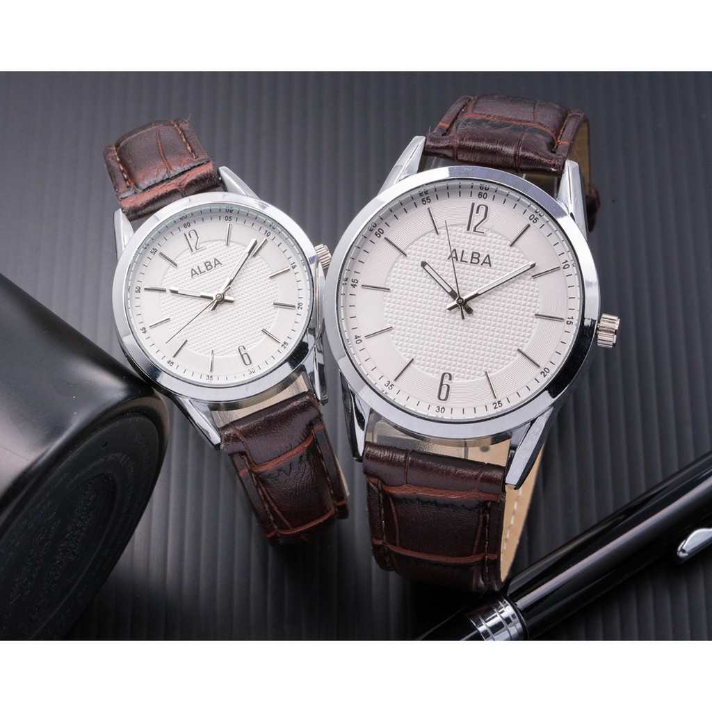 JAM TANGAN ALBA COUPLE KULIT MURAH ANALOG SEPASANG HITAM COKLAT WANITA