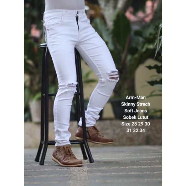 Celana Jeans Putih Sobek Pria Slimfit Denim / Clna cowok putih skinny Robek Lutut