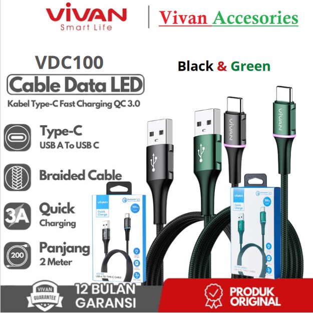 VIVAN VDC100 Kabel Type C 3A LED Light Quick Charge 3,0 1M