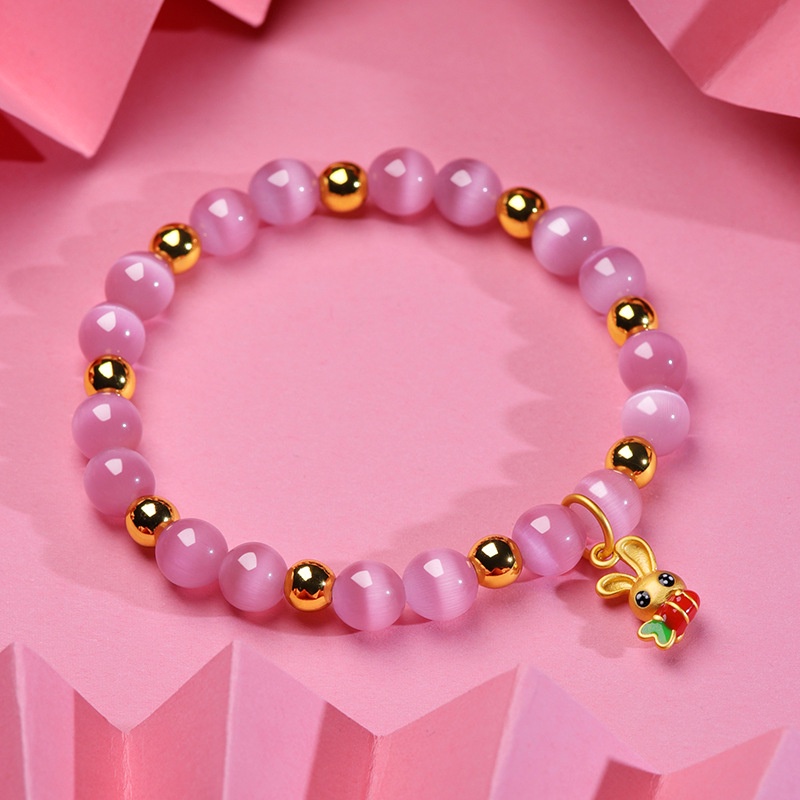 Set Kalung Gelang Emas Asli Kadar 375 Desain Mata Kucing Lobak Kelinci Warna Pink
