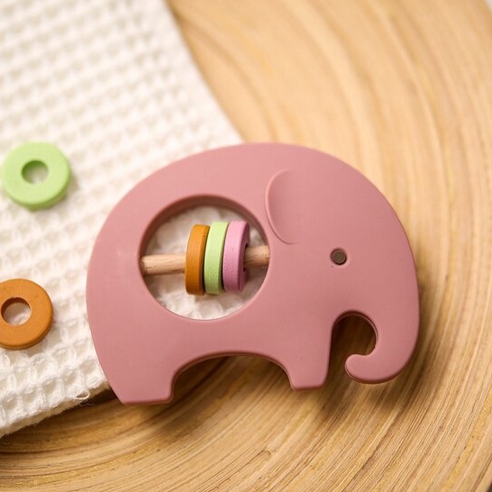 Crumbl Silicone Teether Rattle Stick Toy - Koala Elephant Mainan Toys Gigitan Anak Bayi Silikon Teething Toy-Elephant - Pink