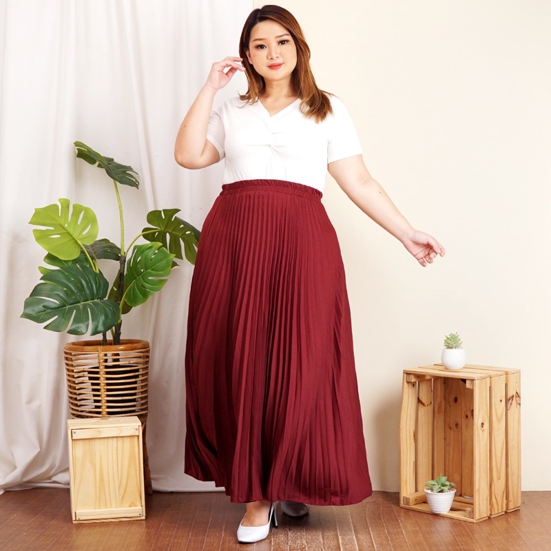 ROK PLISKET JUMBO XXL PAYUNG PLEATED SKIRT MURAH MUSLIM IBU ACARA POLOS ROK PANJANG PAYUNG MAYUNG-Maroon