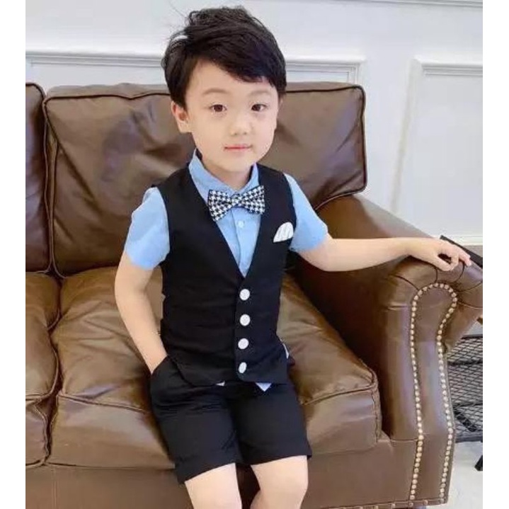 Setelan Baju Anak Laki laki Umur 4 5 6 Tahun-Set Anak 3in1 Kemeja Best Celana Cotton Premium Terbaru