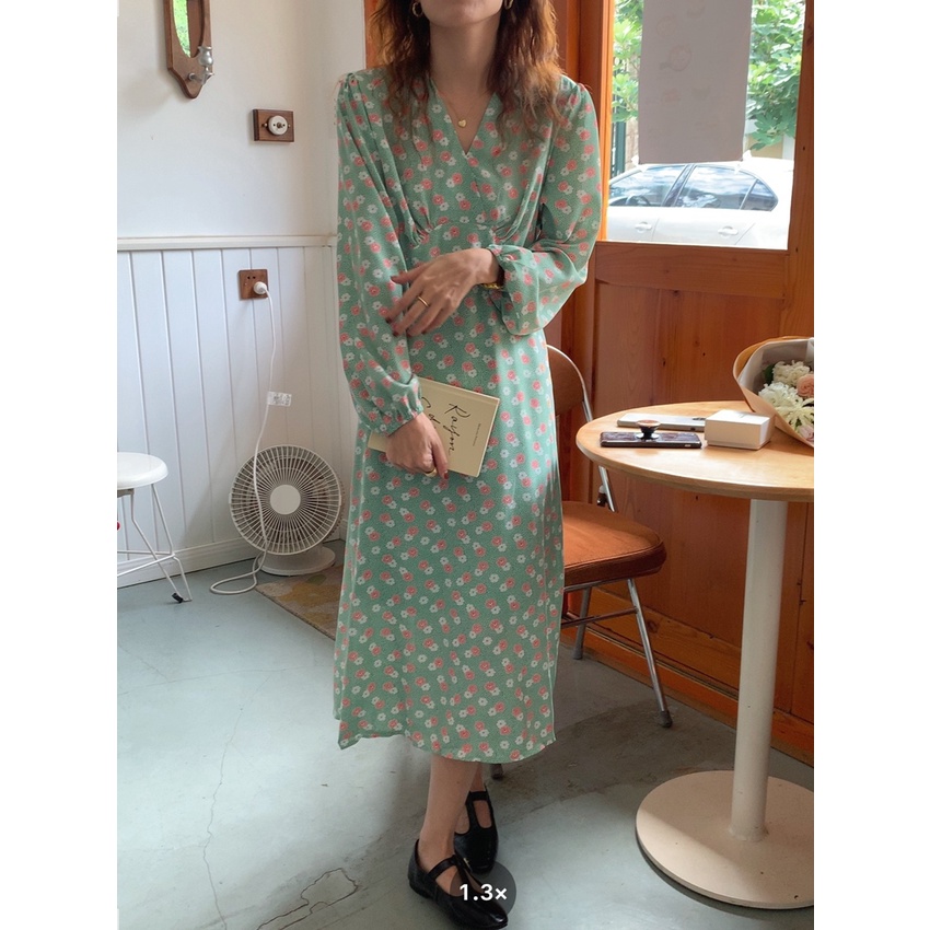 AIMEI Korean ins V-neck floral chiffon lace-up dress wanita lengan panjang
