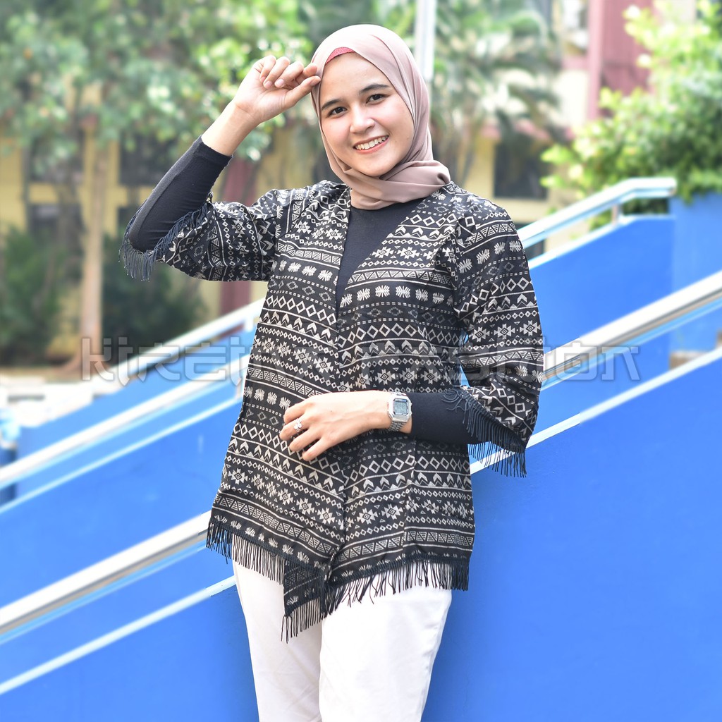 Cardigan Rumbai Wanita Motif Bohemian Bahan Katun Rayon Viscose | Kireina Fashion