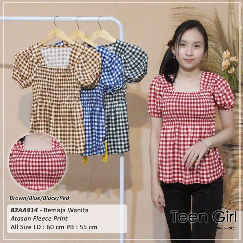 Kaos baju remaja cewek Atasan Fleece print kotak smock karet dada