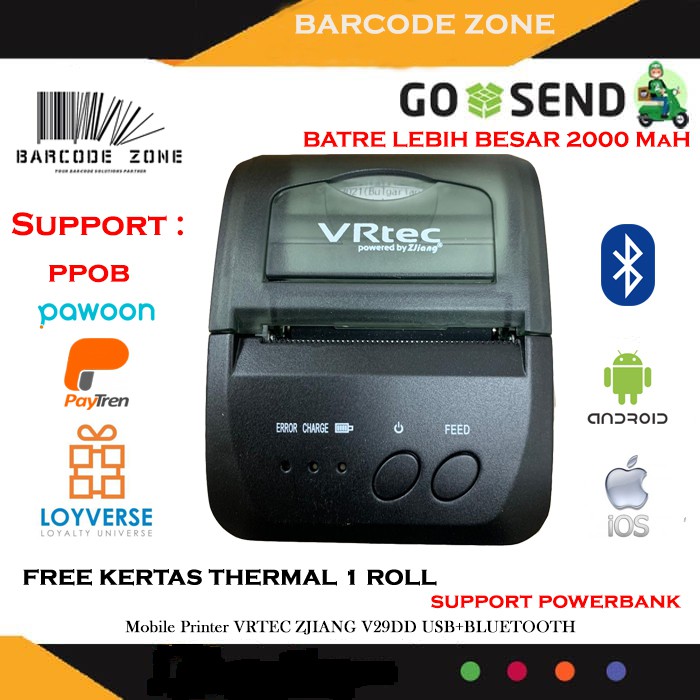MINI PRINTER 58MM PPOB/KASIR 58MM THERMAL VRTEC V29DD (BLUETOOTH+USB) SAMA ZJ-5809