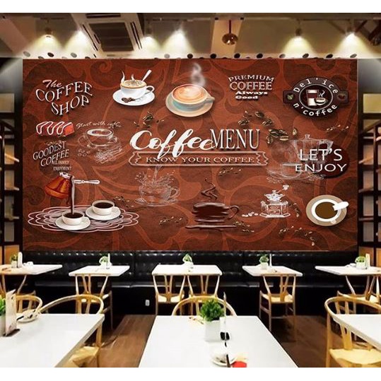 Wallpaper Custom Dinding 3D Coffee shop Sticker Promosi Cafe Stiker Design Kopi Resto Tempat Usaha