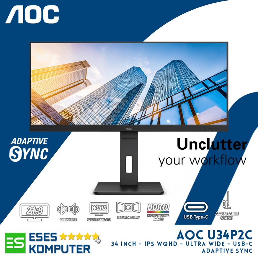 Monitor AOC U34P2C 34&quot; IPS 1440p WQHD UltraWide | USB-C | 65W Speaker