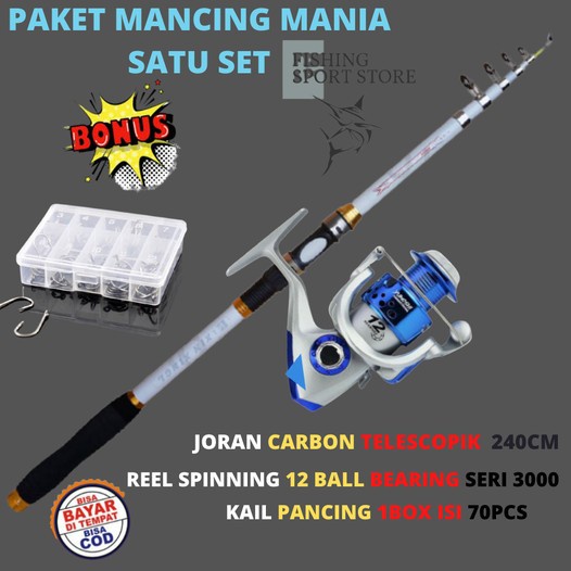 1 Set Pancing Joran Carbon 2.4M Reel Gulungan Yumoshi SA3000 1 PAKET