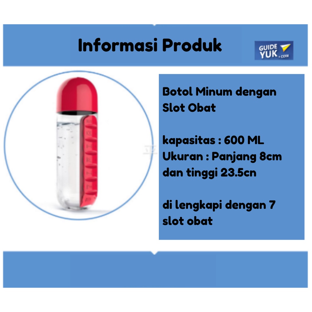 Botol Minum Unik dengan Slot Obat Pill &amp; Vitamin Organizer 600ML [READY STOCK]