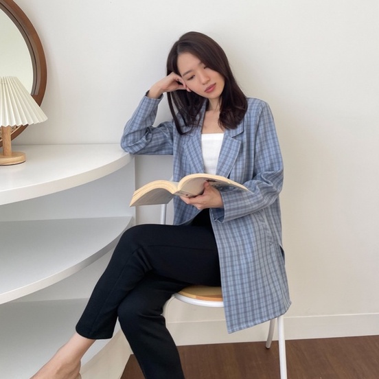 Kadaka O-0181 Blazer Wanita Outer Oversized Plaid Kotak - Kotak Tweed Korea