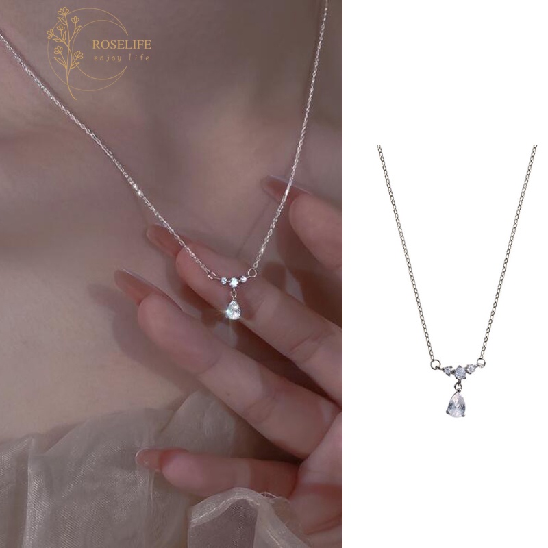 Roselife Kalung Rantai Silver Liontin Tetesan Air Hias Cubic Zirconia Berkilau Untuk Wanita