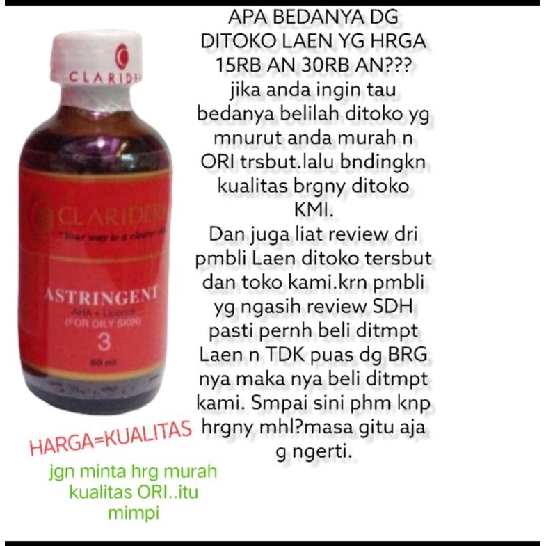 TONER CLARIDERM ASLI ORIGINAL 100% PHILIPINA(Jangan Ragu Di Jamin keaslianya &amp; Manfaatnya dah bnyk Yg Membuktikanya TER PERCAYA KUWALITASNYA)(Harga GLOSIRAN)