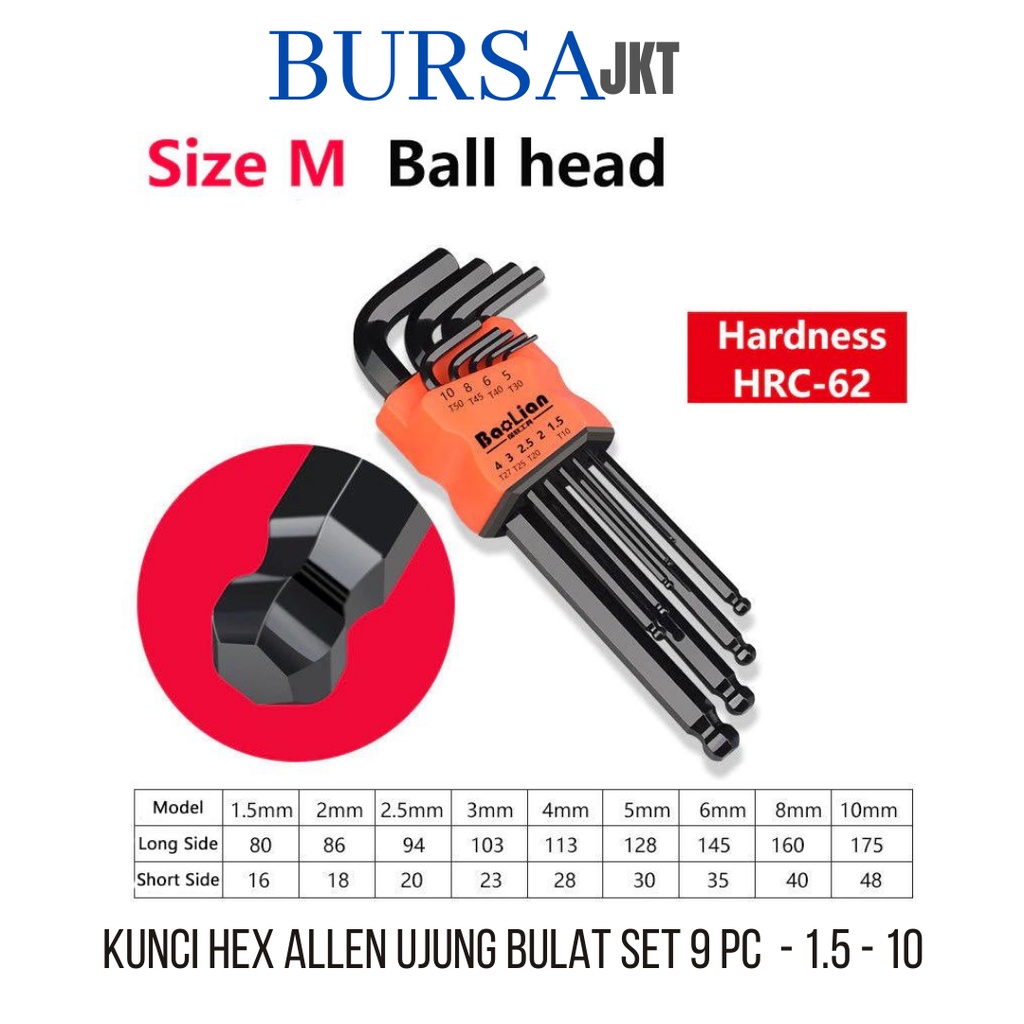 KUNCI HEX KEY L FLAT &amp; BULAT 2IN1 WRENCH SET 9 PC 1.5 - 10 MM CRV