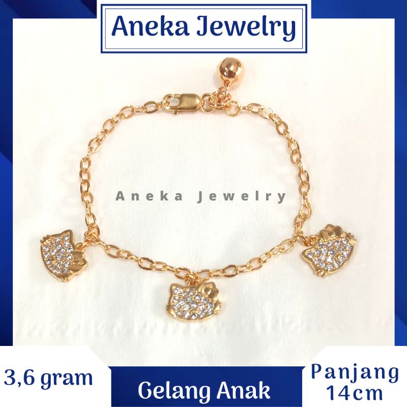 Gelang Anak Holo Gantung Hello Kitty Mata2, Perak 925, Sepuh Emas Rosegold