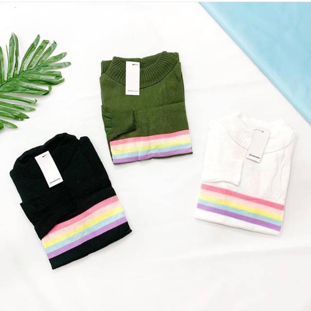 Atasan Wanita Turtleneck Rainbow Sweater Wanita Rainbow turtle Shirt