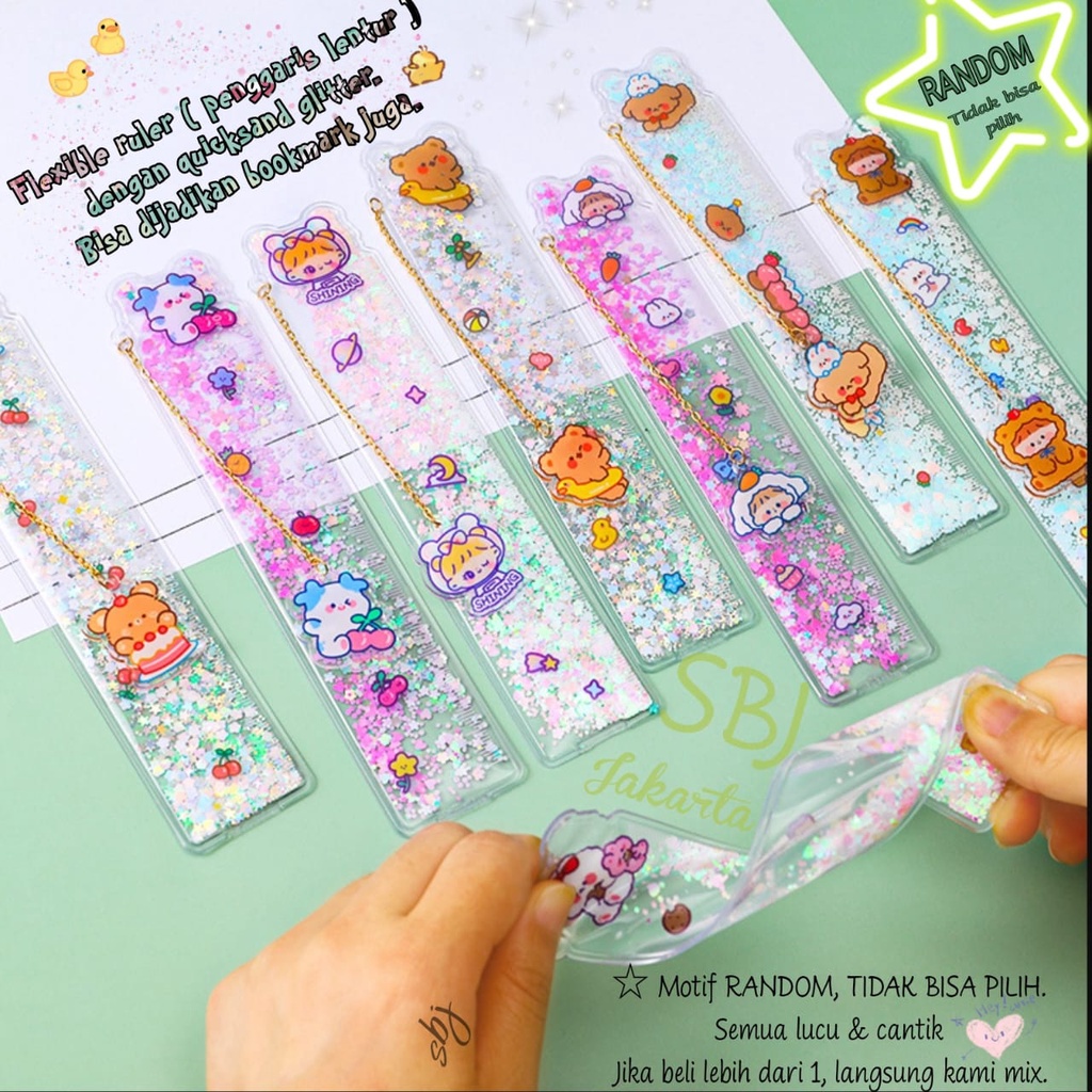 Penggaris Plastik Glitter Ruler Bookmark 15 cm motif Laser Quicksand