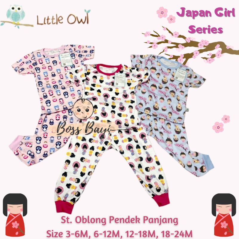 LITTLE OWL Setelan Oblong Kancing Pundak Baju Lengan Pendek Celana Panjang 6-12M,12-18M,18-24M