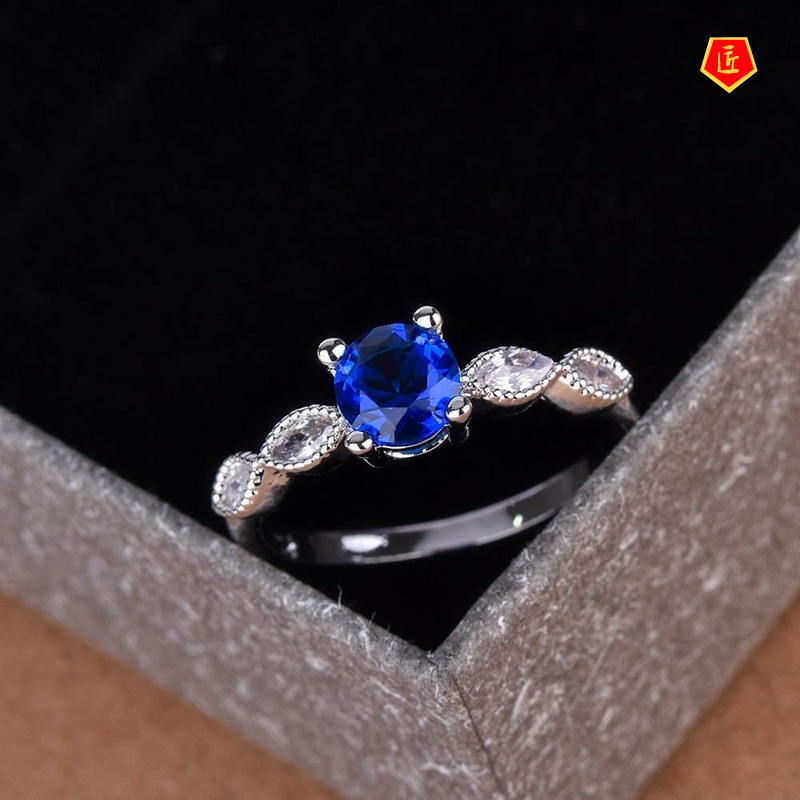 [Ready Stock]Inlaid Blue round Diamond Ring Luxury Red Colored Gems