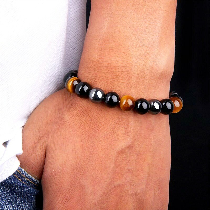 Gelang Manik-Manik Batu Obsidian Tiger Eye Warna Hitam Untuk Pria Dan Wanita