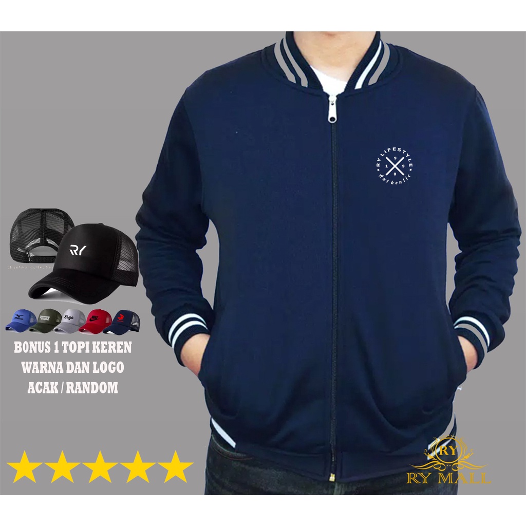 Jaket Ukuran Jumbo / Jaket Baseball RY Lifestyle 1990 Autentic Putih + Topi / Random / Sweater / Res