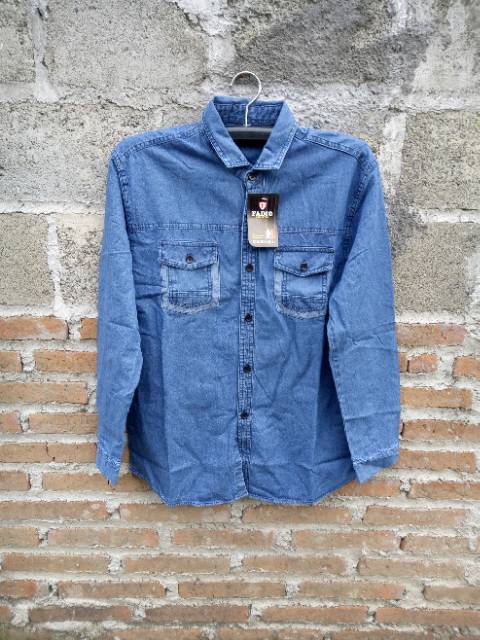 KEMEJA PRIA LENGAN PANJANG POLOS SEMI JEANS BIRU DISTRO COWOK BAHAN KASUAL