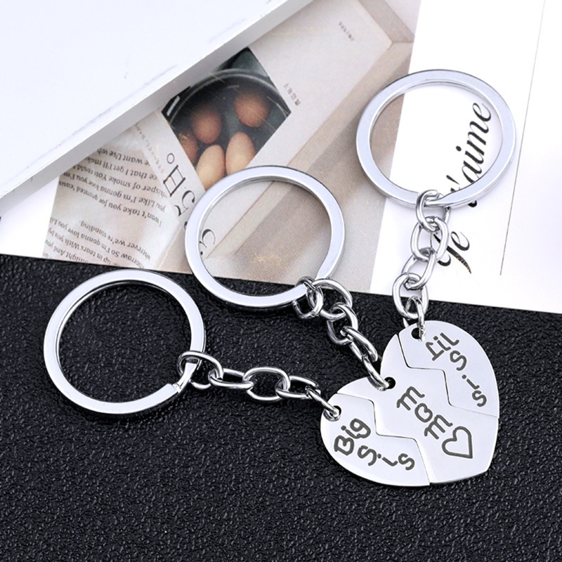 Siy 3pcs / Set Gantungan Kunci Stainless Steel Bentuk Hati Motif Tulisan Mom / Big Sis / Little Sis