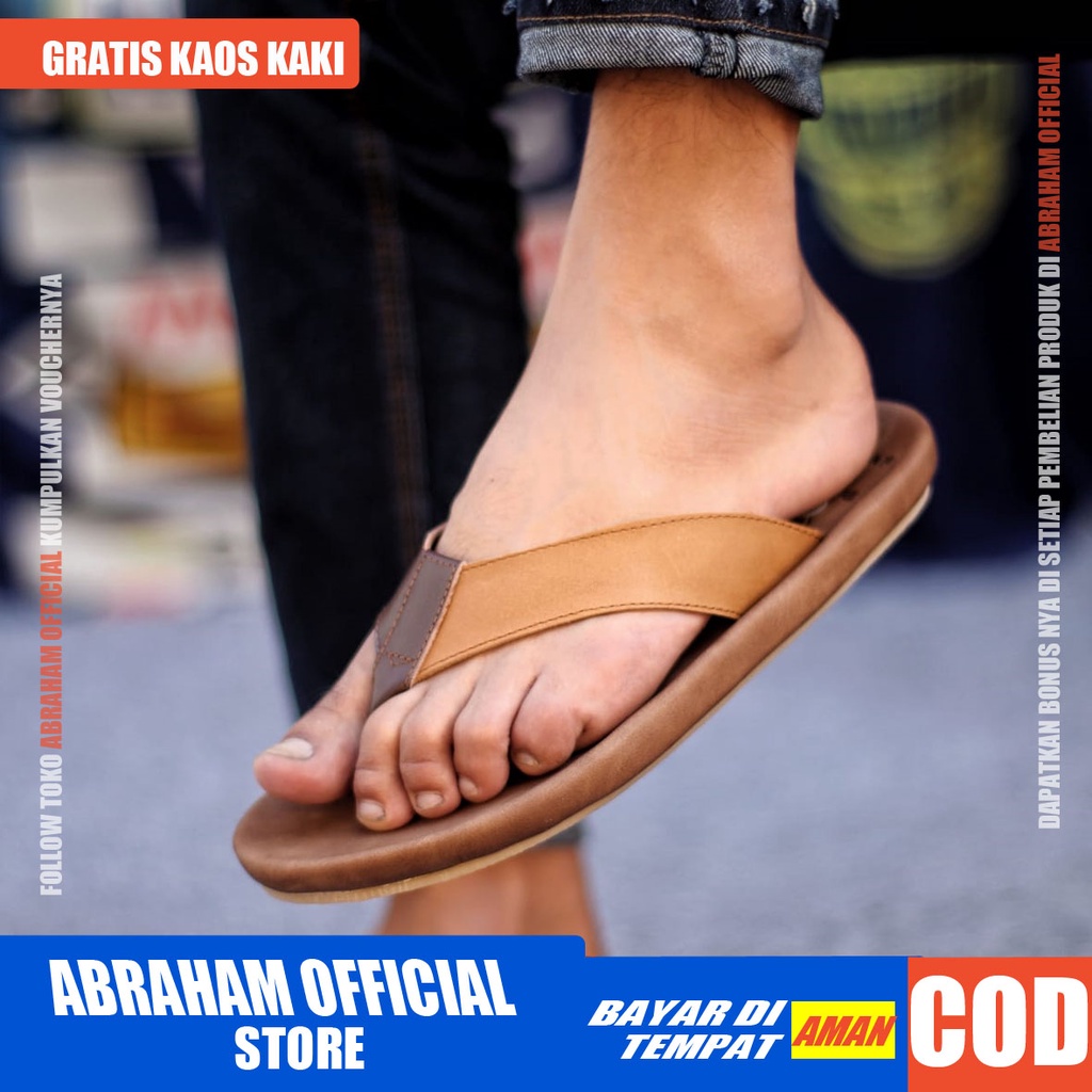 ABRHM X JAVIT Sandal Jepit Pria Sandal Pria Kulit Asli Sendal Cowok Keren Sandal Cowo Kekinian Ori